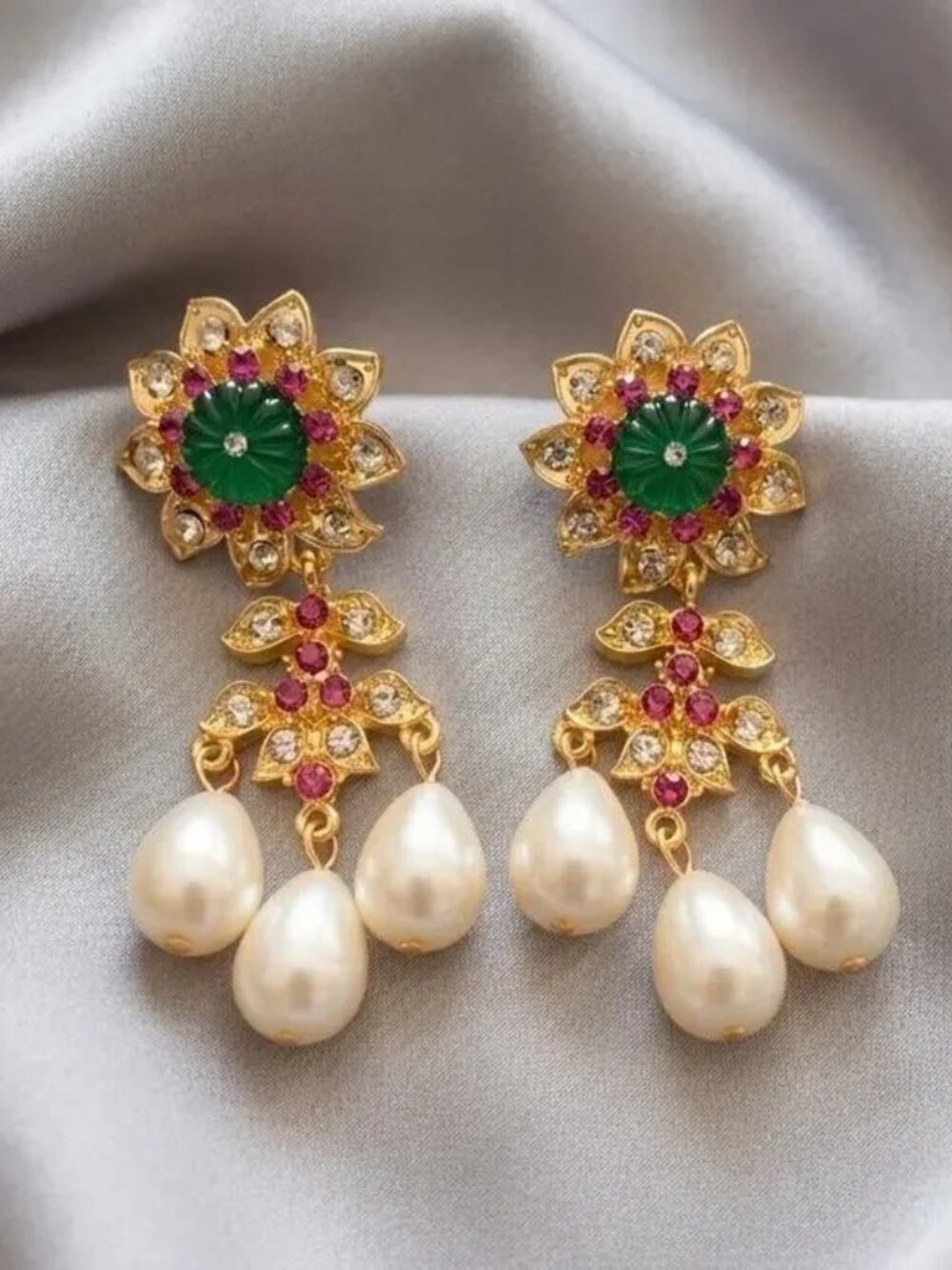 Museum Flower Pearl Earrings Gold Revival Antique CZ VTG Sunflower Palace Court